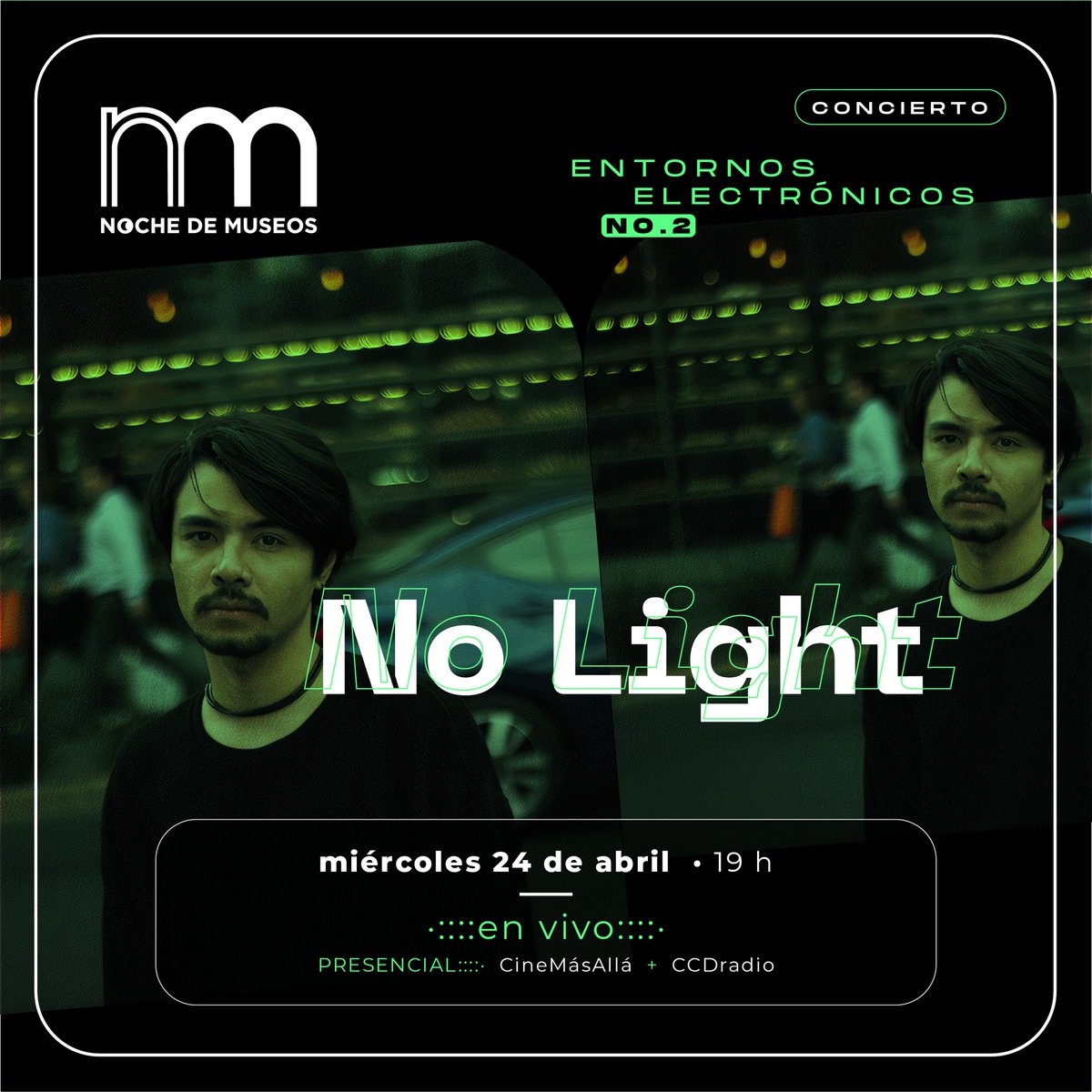 Música electrónica en #NochedeMuseos. ¿Te apuntas? 🪩🌃🎧 @nolight_____ es el proyecto de Alan Misael, el músico, productor, DJ y live performer que se presentará el próximo miércoles en nuestro #CineMásAllá Entrada gratuita :)