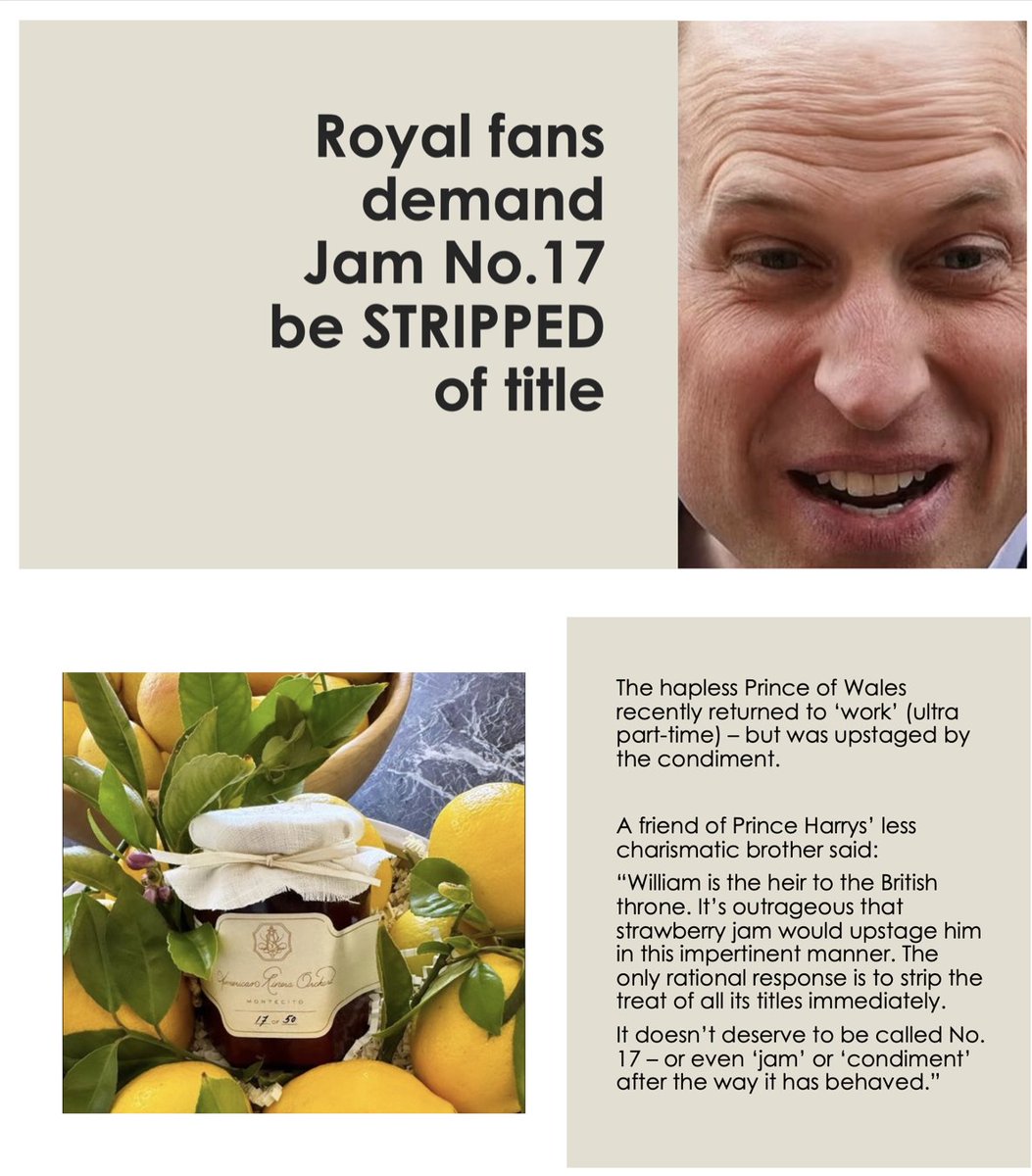 Enough is enough! Royal fans demand Jam No.17 be stripped of titles.

#PrinceWilliam #PrinceofWales #AmericanRiveriaOrchard #AmericanRivieraOrchard #DuchessMeghan #MeghanMarkIe