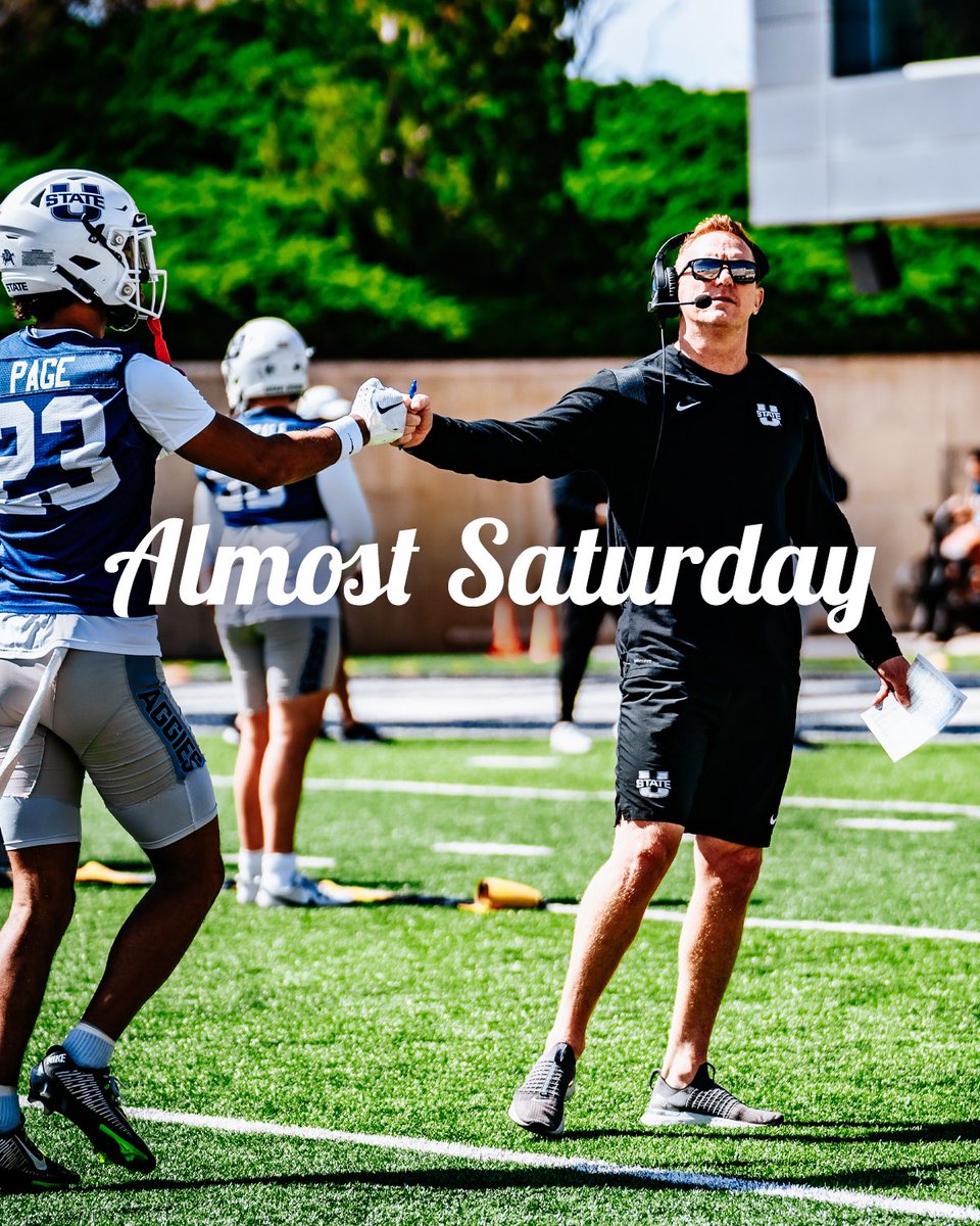 USUFootball's tweet photo. 𝓐𝓵𝓶𝓸𝓼𝓽 𝓢𝓪𝓽𝓾𝓻𝓭𝓪𝔂 

⏰ Gates will open tomorrow at noon for our last spring ball practice 
🤘 Fan opportunity to win prizes 
🏈 Kid’s Clinic at 1:30 PM (12 and under)

#AggiesAllTheWay https://t.co/Ehr1lgmcts