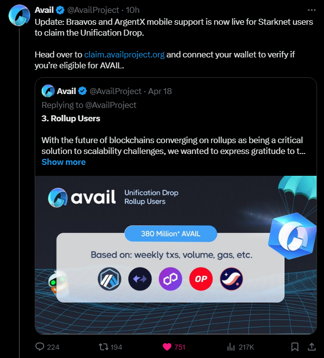 My fellow E-beggars, assemble!

@AvailProject added support for Braavo and Argent X Mobile, so you can claim that allocation now as well

Basically bumped up my total allo by ≈35%

The best part about this particular airdrop is that I didn't expect it at all, nor did I farm it -…