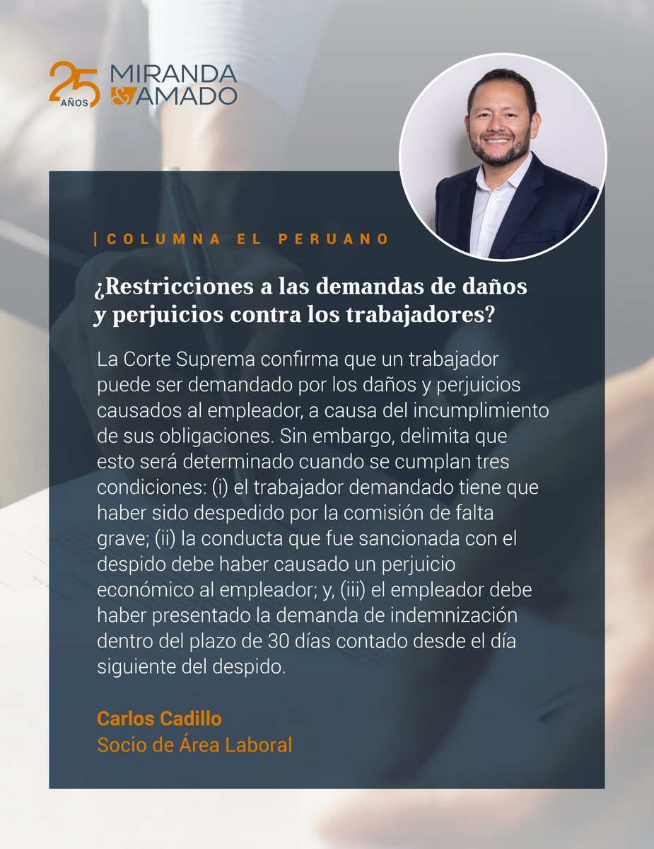 Nuestro socio Carlos Cadillo comenta sobre la reciente decisión de la Corte Suprema con respecto a las restricciones a las demandas de daños y perjuicios contra los trabajadores. Revisa la nota en @DiarioElPeruano: bit.ly/3vRonsT