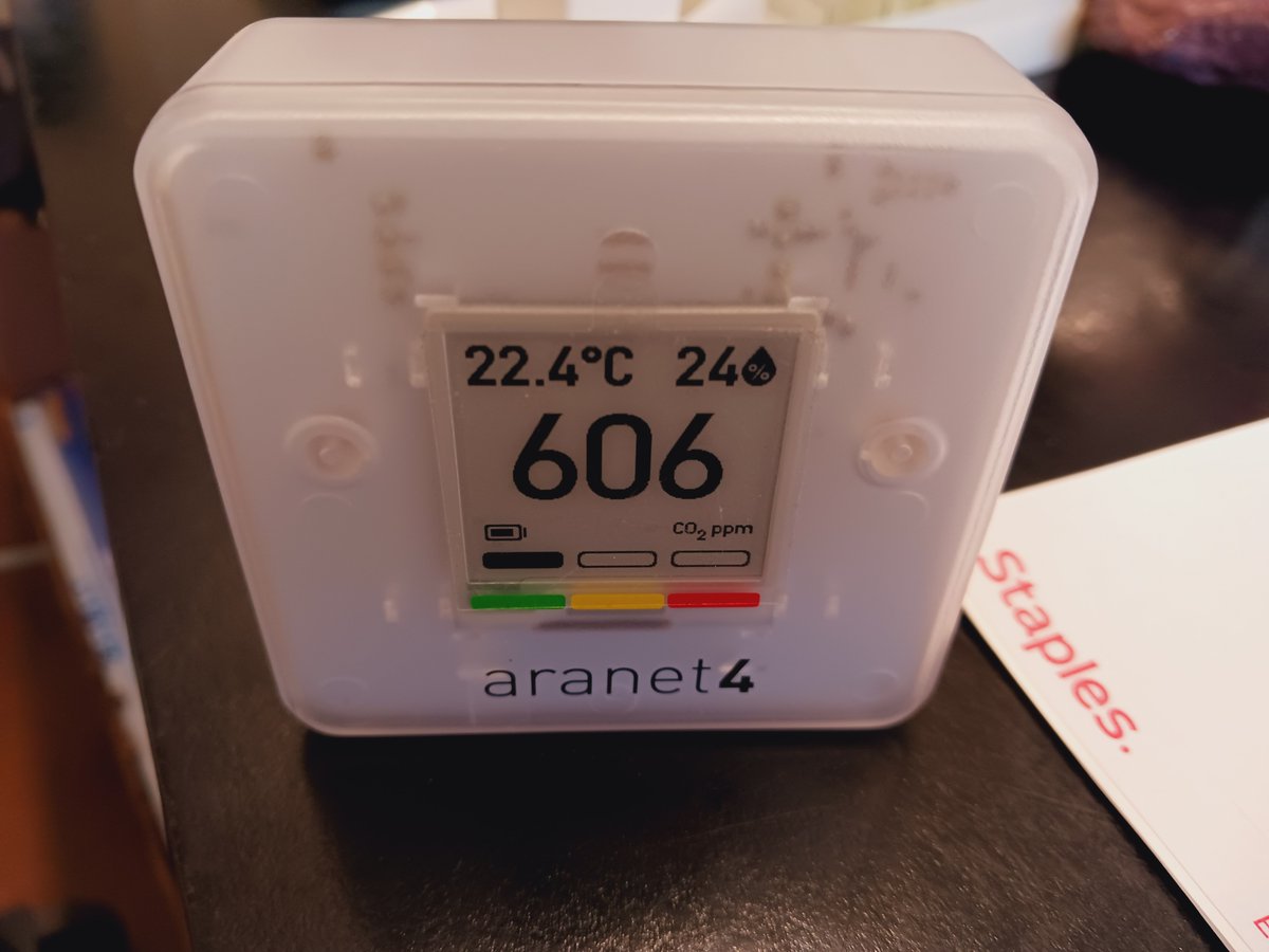 After seeing the info on cognitive effects of >1000 ppm CO2, a colleague borrowed one of our #bced school #science dept aranet4's to take home. People are naturally curious about air quality in their life. That colleague noticed my students taking readings around the school