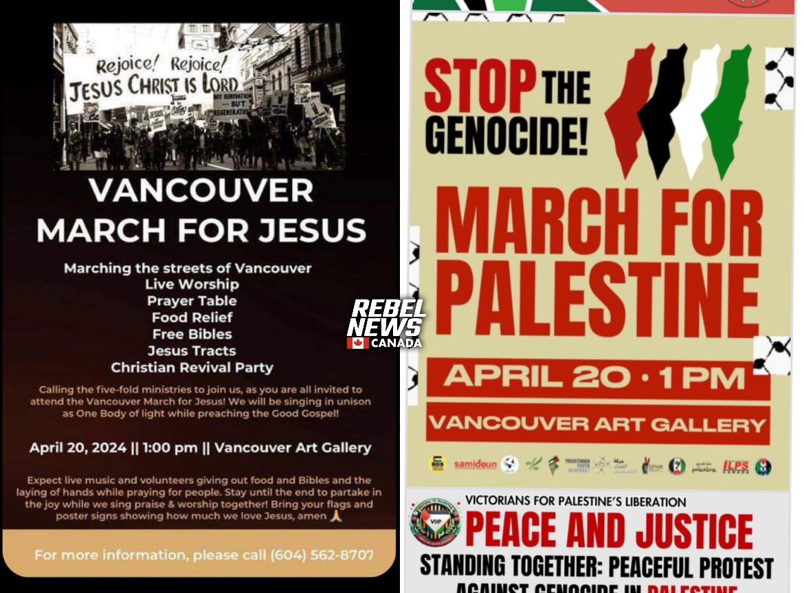 The March for Jesus and a March for Palestine are happening tomorrow at the same time and same place. Coupled with the usual 4/20 celebrators that hang around the Art Gallery on April 20th, should make interesting blend of people.