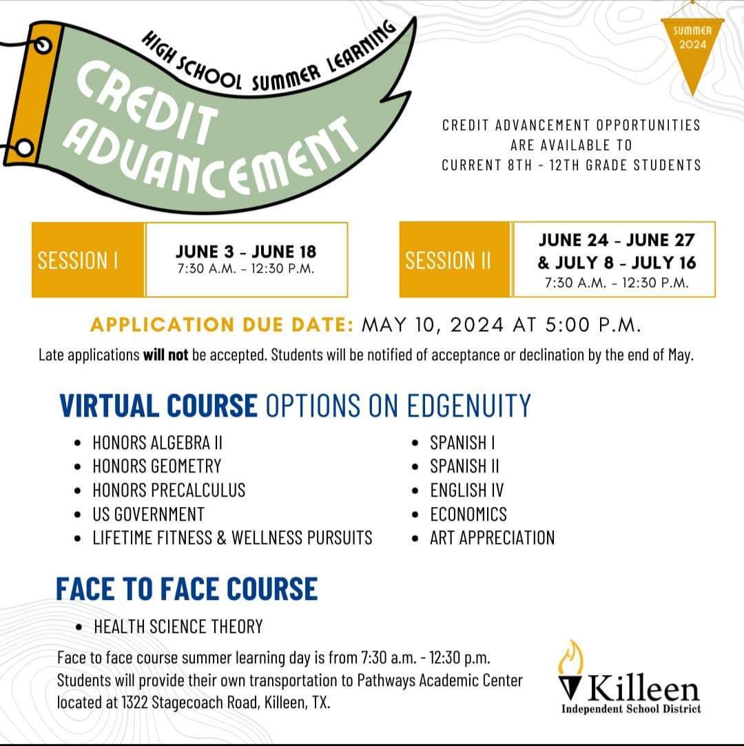 🐾High School Summer Credit Advancement applications will open from Friday, April 19th at 5:00 pm – Friday, May 10th at 5:00 pm. No late applications will be accepted, and enrollment is on a first come first served basis. Visit our website for the link to sign up.