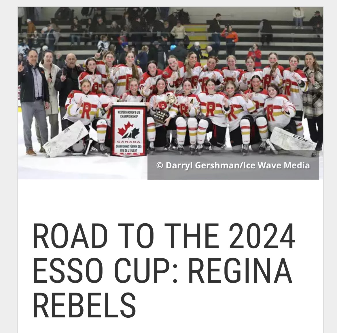 The U18 Regina Rebels are off to compete in the ESSO Cup!   Coming off a bronze medal last year and  a 26-3 regular season record this year, I have no doubt they will be top contenders for gold.   Good Luck! hockeycanada.ca/news/regina-re…