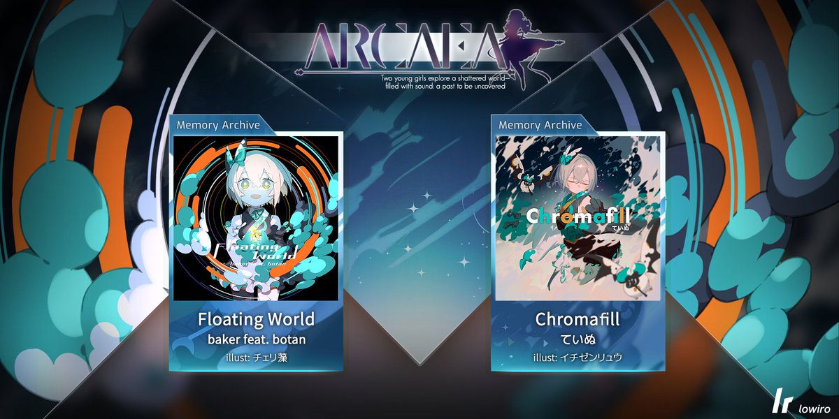 Life was wonderful for you. Arcaea v5.6 brings 2 new songs to the Memory Archive: 'Floating World' by baker feat. botan and 'Chromafill' by ていぬ A thin voice, a sad song. Two pairs of wings, a smile. Don't cry. The colors of this world will come back again. #arcaea