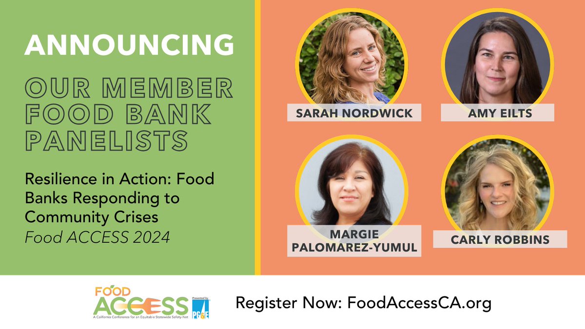 California Association of Food Banks (@cafoodbanks) on Twitter photo ANNOUNCING: #FoodACCESS24 Day 2 Breakfast Plenary
Panelists:
➡️ Sarah Nordwick <a href="/SBCFoodBank/">Community FoodBank of San Benito</a>
➡️ Amy Eilts <a href="/SDFoodBank/">San Diego Food Bank</a>
➡️ Carly Robbins <a href="/FoodforPeople/">Food for People, Inc</a>
➡️ Margie Palomarez-Yumul <a href="/CAPSanBernardin/">CAPSBC</a>
Moderated by Erica Padilla-Chavez <a href="/SecondHarvestSC/">Second Harvest Food Bank Santa Cruz County</a>
Register @ FoodAccessCA.org! ANNOUNCING: #FoodACCESS24 Day 2 Breakfast Plenary
Panelists:
➡️ Sarah Nordwick <a href="/SBCFoodBank/">Community FoodBank of San Benito</a>
➡️ Amy Eilts <a href="/SDFoodBank/">San Diego Food Bank</a>
➡️ Carly Robbins <a href="/FoodforPeople/">Food for People, Inc</a>
➡️ Margie Palomarez-Yumul <a href="/CAPSanBernardin/">CAPSBC</a>
Moderated by Erica Padilla-Chavez <a href="/SecondHarvestSC/">Second Harvest Food Bank Santa Cruz County</a>
Register @ FoodAccessCA.org!