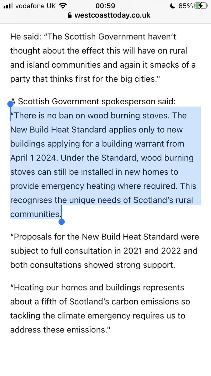 @WoodlandCrofts @_KateForbes This is a disingenuous statement from the SG spokesperson. There is no universal ban, but there is a degree of restriction on new builds such as amounts to a ban for such as woodland croft homes that would use their wood (and more traditionally, hand cut peat) as a primary fuel.