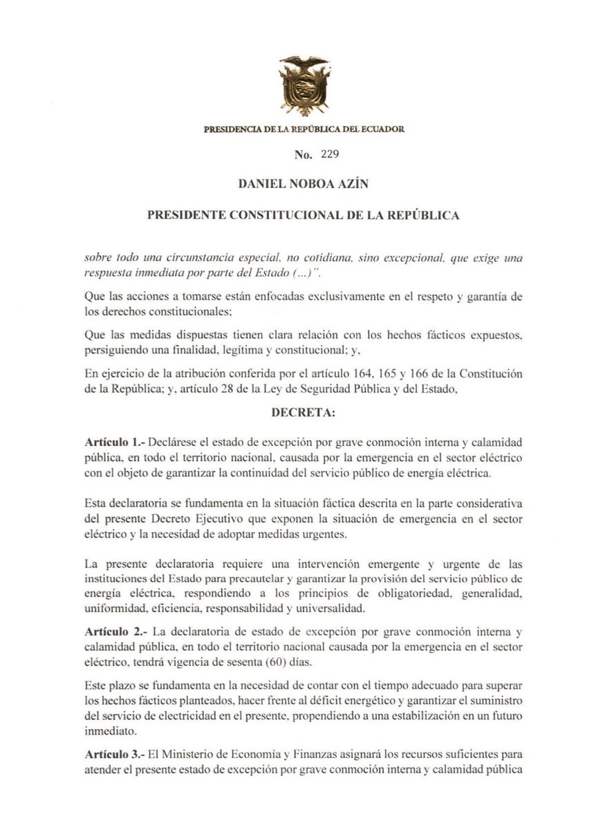 EmergenciasEc's tweet photo. Urgente!!
Mediante decreto ejecutivo el presidente Daniel Noboa decreta un nuevo estado de excepción en el Ecuador. https://t.co/qDFwD0TUNn