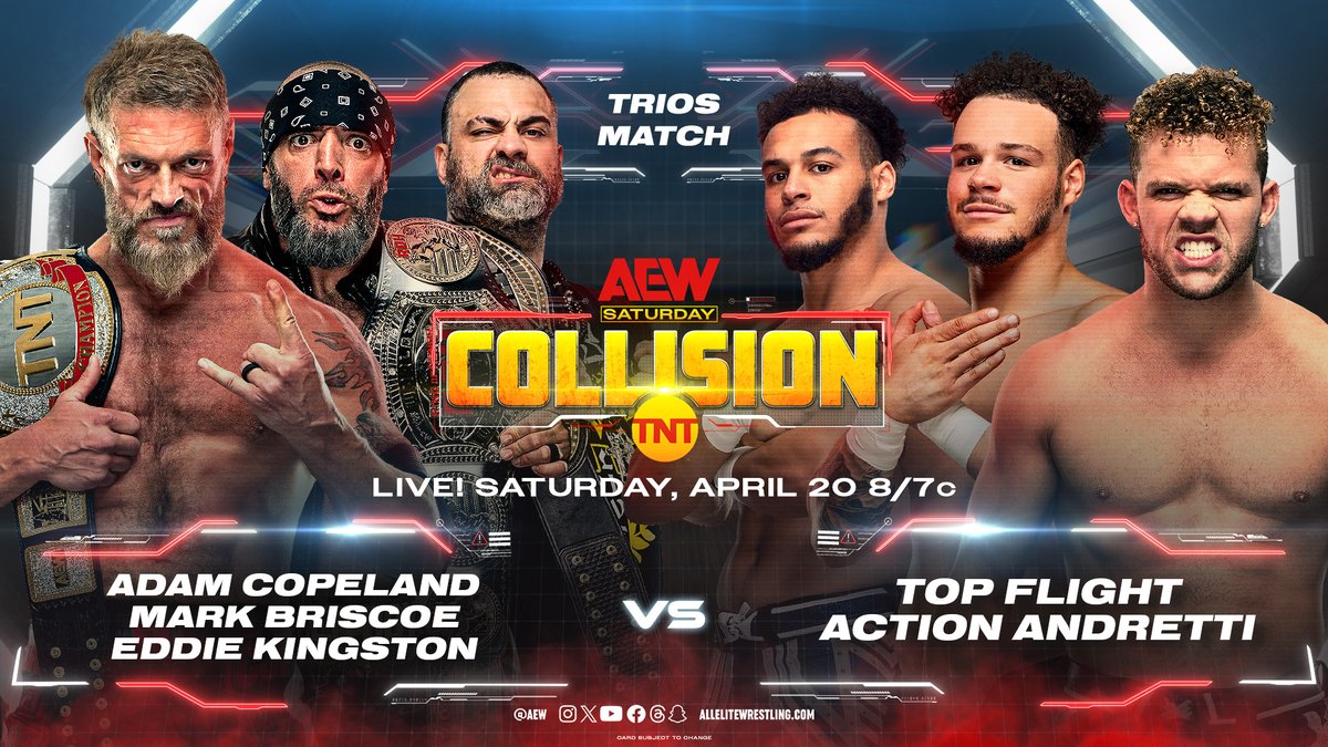 🏎️ FASTEN YOUR SEATBELT!

#AEWCollision kicks off THREE straight hours of #AEW wrestling TOMORROW NGIHT on AEWplus.com

Don't go anywhere cause #AEWRampage is live immediately following Collision.

*#AEWplus is available in select International markets