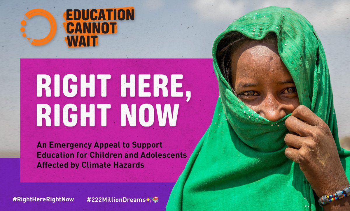 .@EduCannotWait, the global fund for education in emergencies & protracted crises, launches🆕 $150M Emergency Appeal to scale up #ECW’s response to #ClimateChange & reach 2M more children w/#QualityEducation! #RightHereRightNow➡️bit.ly/ECWClimate @UN #222MillionDreams✨📚