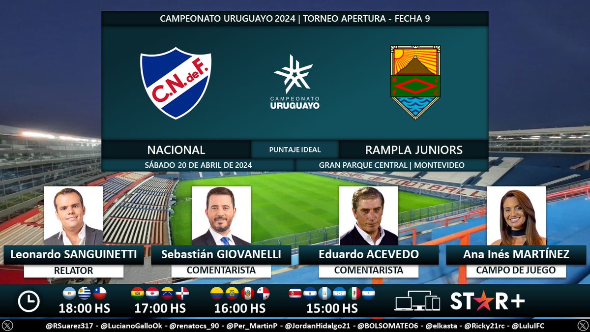 ⚽ #Apertura2024 🇺🇾 | #Nacional vs. #RamplaJuniors
🎙 Relator: <a href="/leo_sanguinetti/">Leo Sanguinetti</a>
🎙 Comentaristas: <a href="/SebasGiovanelli/">Sebas Giovanelli</a> y Eduardo Acevedo
🎙 Campo de juego: <a href="/AnaInesMartinez/">A. Inés Martínez</a>  
💻📱 <a href="/StarPlusLA/">starplusla</a> Latinoamérica
🤳 #CampeonatoUruguayo - #AUF - #ESPNenStarPlus
Dale RT 🔃