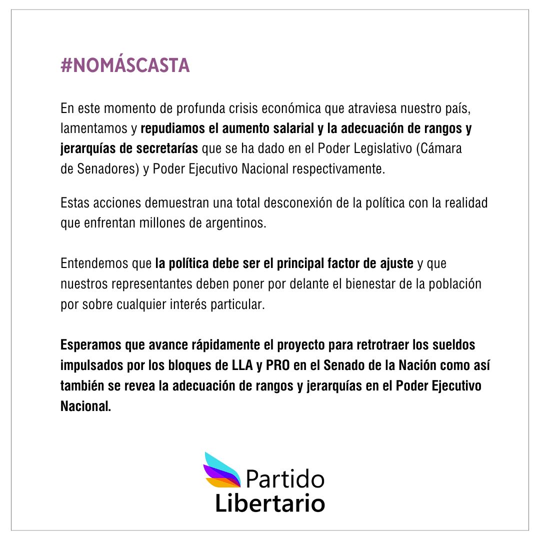 El ajuste debe recaer fuertemente sobre la política. Esperamos que avance rápidamente el proyecto para retrotraer los sueldos impulsados por los bloques de LLA y PRO en el Senado de la Nación como así también se revea la adecuación de rangos y jerarquías en el PEN.

#Senadores