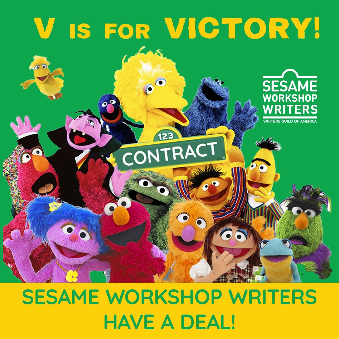 WGA members at Sesame Workshop have reached a new tentative agreement! Writers won historic jurisdiction and minimum rates for animation and new media programs, protections against AI, paid parental leave benefits, and substantial improvements to new media residuals 🎉✊