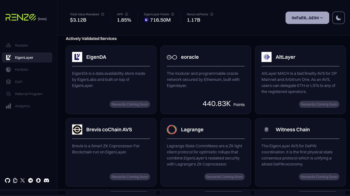 Renzo has delegated 269,235 ETH to @luganodes and is now securing @eigen_da and @eoracle_network. eoracle is the first AVS to award points to Restakers and is now visible in the @eigenlayer section of the Renzo app. ▸ renzoprotocol.com