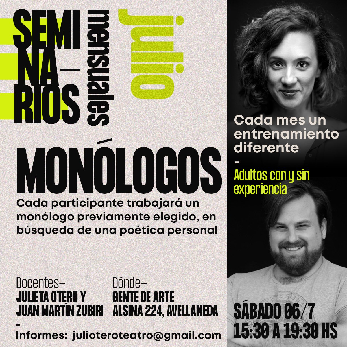 EsChuli's tweet photo. 🚩EN GENTE DE ARTE ALSINA 244, AVELLANEDA

🗓️ MAYO - SÁBADO 11 15.30 A 19.30 HS
TÉCNICA DE IMPRO

🗓️ JUNIO - SÁBADO 08 15.30 A 19.30 HS
TRABAJO CON TEXTO: ENTRENAMIENTO.

🗓️ JULIO - SÁBADO 06 15.30 A 19.30 HS
MONÓLOGOS.

Informes: julioteroteatro@gmail.com https://t.co/kQLLv5dDsf