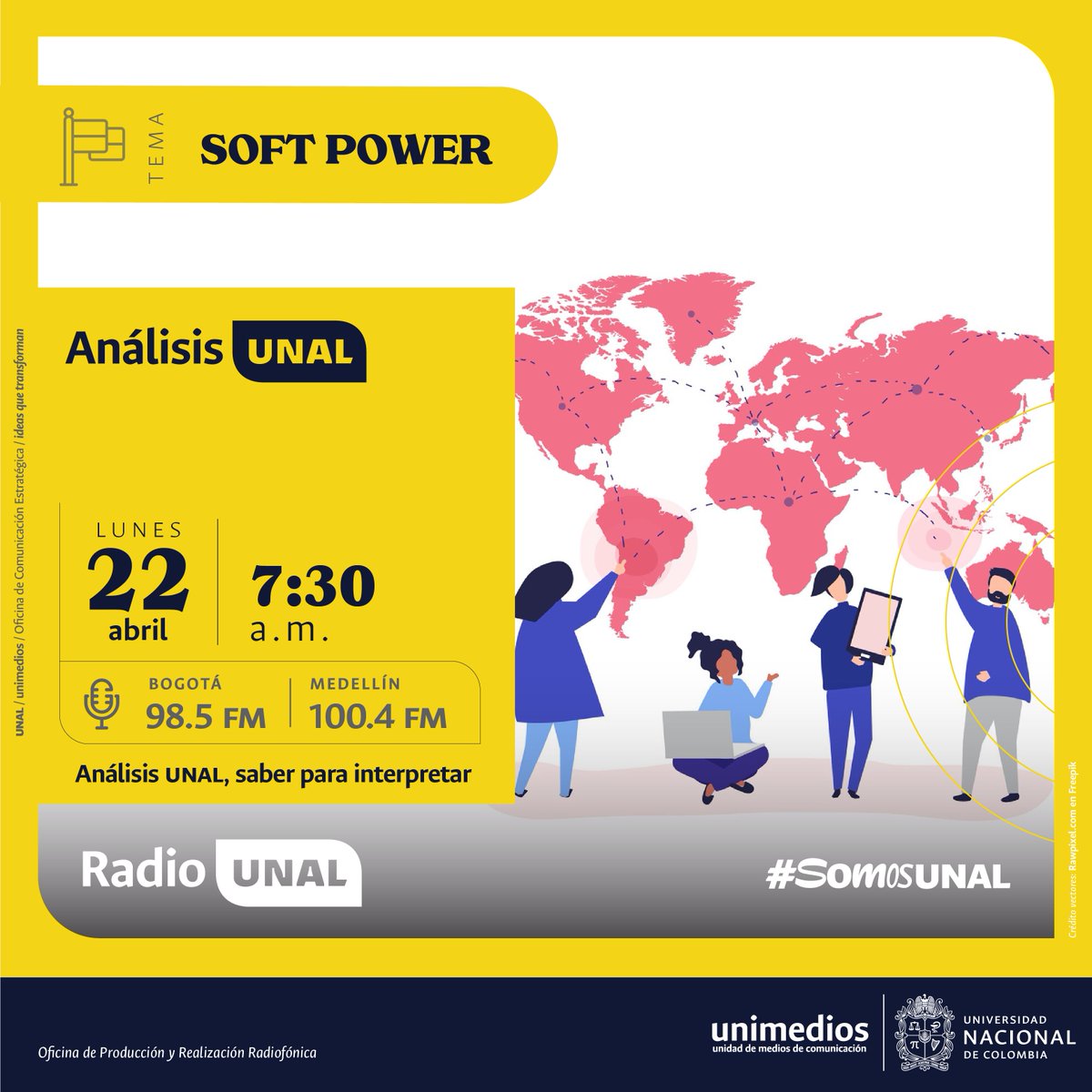 #CulturaUNAL Mañana a partir de las 7:30 a.m. Los invitamos a conectarse con la emisión del programa #AnálisiUNAL a través de las frecuencias de @RadioUNAL El tema de este episodio es “Soft Power” 💪 ¡Escúchanos! 98.5FM Bogotá | 100.4FM Medellín @RadioUNALMed | Radio Web