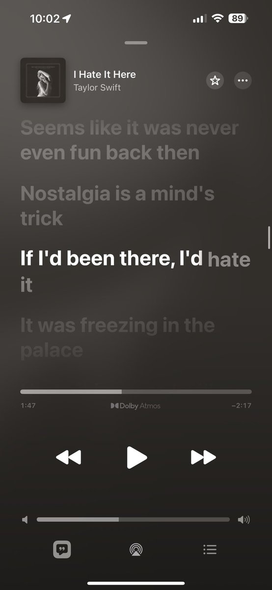 maddyrrose's tweet photo. Apple Music wrong lyrics?? I hate it here 
“No midnights in Paris” 1:47 anyone else????  #TSTTPD https://t.co/boNDSULfir