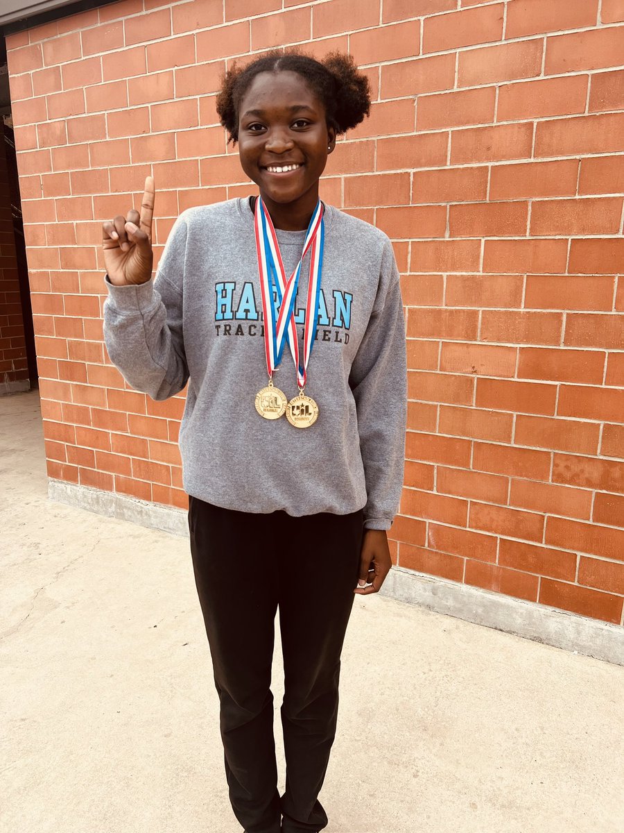 Yes, you’re seeing correctly, those are two Gold Medals around her neck…Harlan’s Iyanna Webb takes 1st in Long Jump and Triple Jump, stamping her ticket back to the UIL State Track Meet in Austin!!! @NISDHarlan @HarlanHawk_GTR #HawkYeah