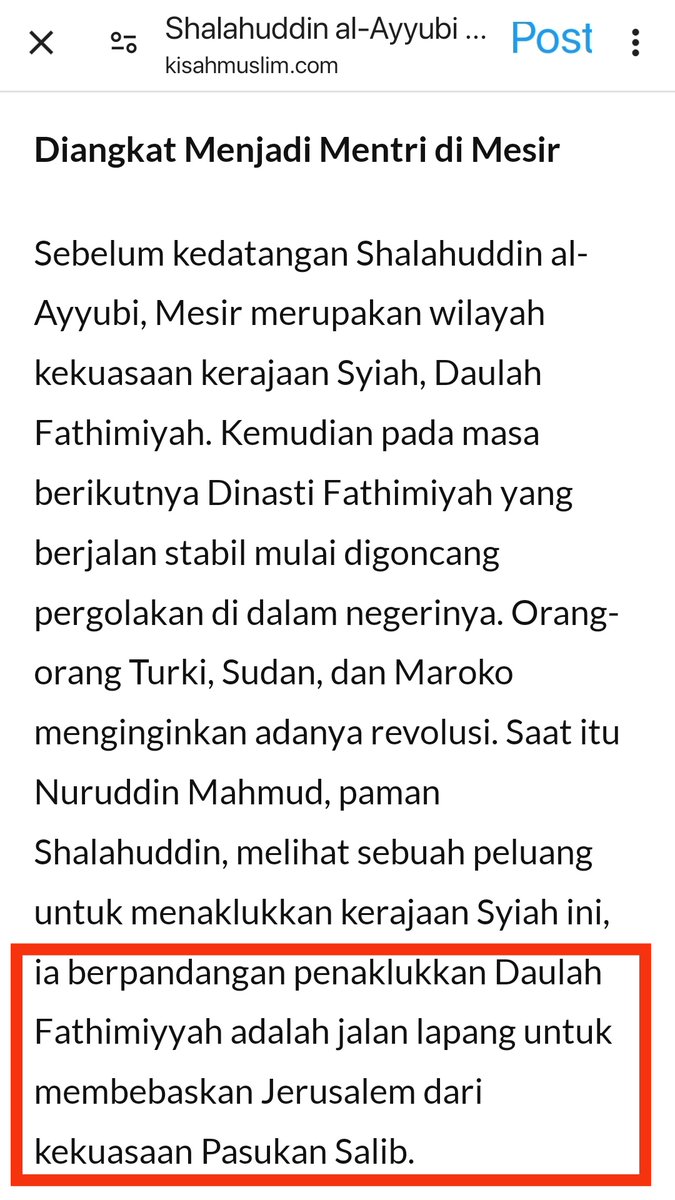 Just_Ab1's tweet photo. Tahu tidak?

Pembebas Al Aqsa di zamannya, Sholahuddin al Ayyubi membersihkan kaum #Syiah di Mesir terlebih dahulu.
Kemudian beliau baru memerdekakan Al Aqsa dr tangan kaum kafirin!

Maka, berharap kpd kaum #Syiah utk membebaskan Al Aqsa itu kemustahilan.

https://t.co/56XFguKyG4 https://t.co/T6z8jAMPJ2
