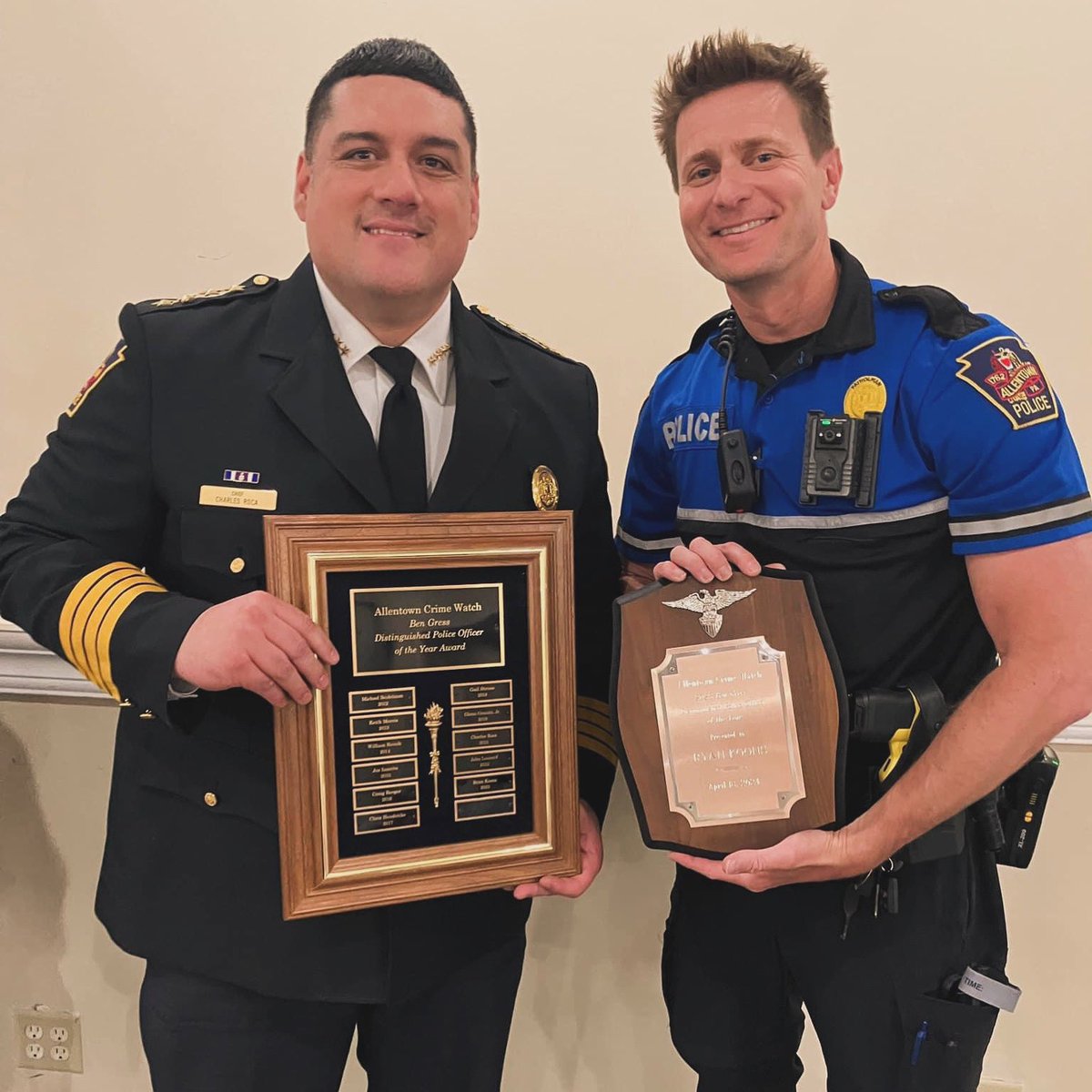 “Congratulations to Allentown Police Bike Officer Ryan Koons for receiving this year Ben Gress Distinguished Police Officer of the Year award at yesterday’s Allentown Crime Watch banquet, thank you for all your work and dedication to our department and community!” Chief Roca