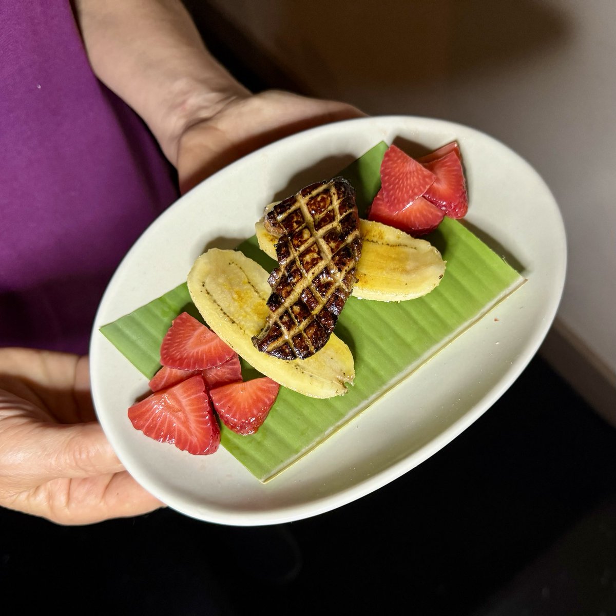 Pan seared foi gras with brulèed tiki farm nam wah banana & chili pepper pickled strawberries - Wow! #foiegras #eaternola #nolafood