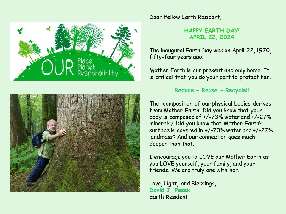 DrPesek's tweet photo. HAPPY EARTH DAY!
APRIL 22, 2024

The inaugural Earth Day was on 4/22/1970, fifty-four years ago.

Mother Earth is our present and only home. It is critical that you do your part to protect her.

#happyearthday #happyearthday2024 #earthday #earth #holisticiridology #drdavidjpesek https://t.co/3KO2Ivo5DW
