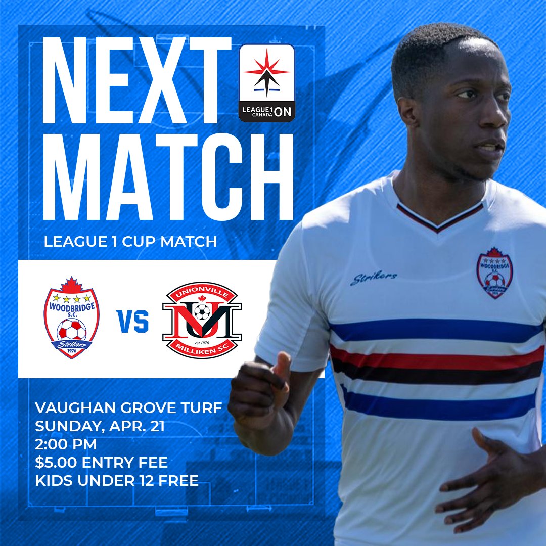 🏆 Exciting Match Alert! 🌟 Our Men's League 1 Cup Team is gearing up for a thrilling showdown against Unionville Milliken at Vaughan Grove Turf this Sunday, April 21, at 2:00 PM! ⚽️ 🎟️ Entry Fee: $5.00 👦👧 Kids Under 12: FREE!
