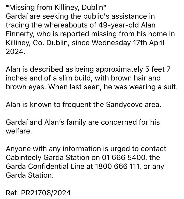 #Missing Alan Finnerty from Sandycove / Killiney ⬇️