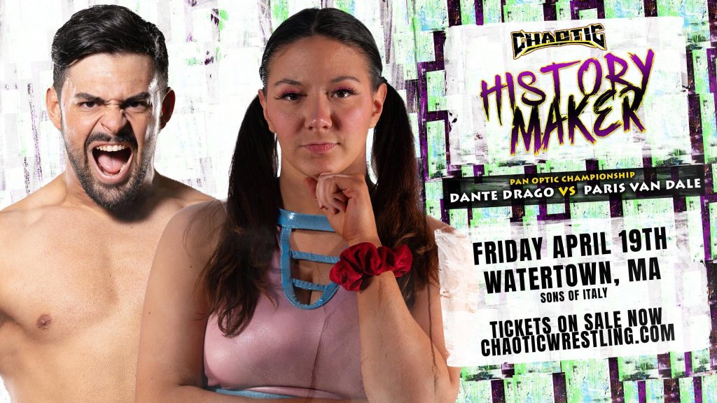 .@dante_drago makes his Chaotic Wrestling debut against the longest reigning Pan Optic Champion @theparisvandale! Live now: Twitch.tv/chaoticwrestli…