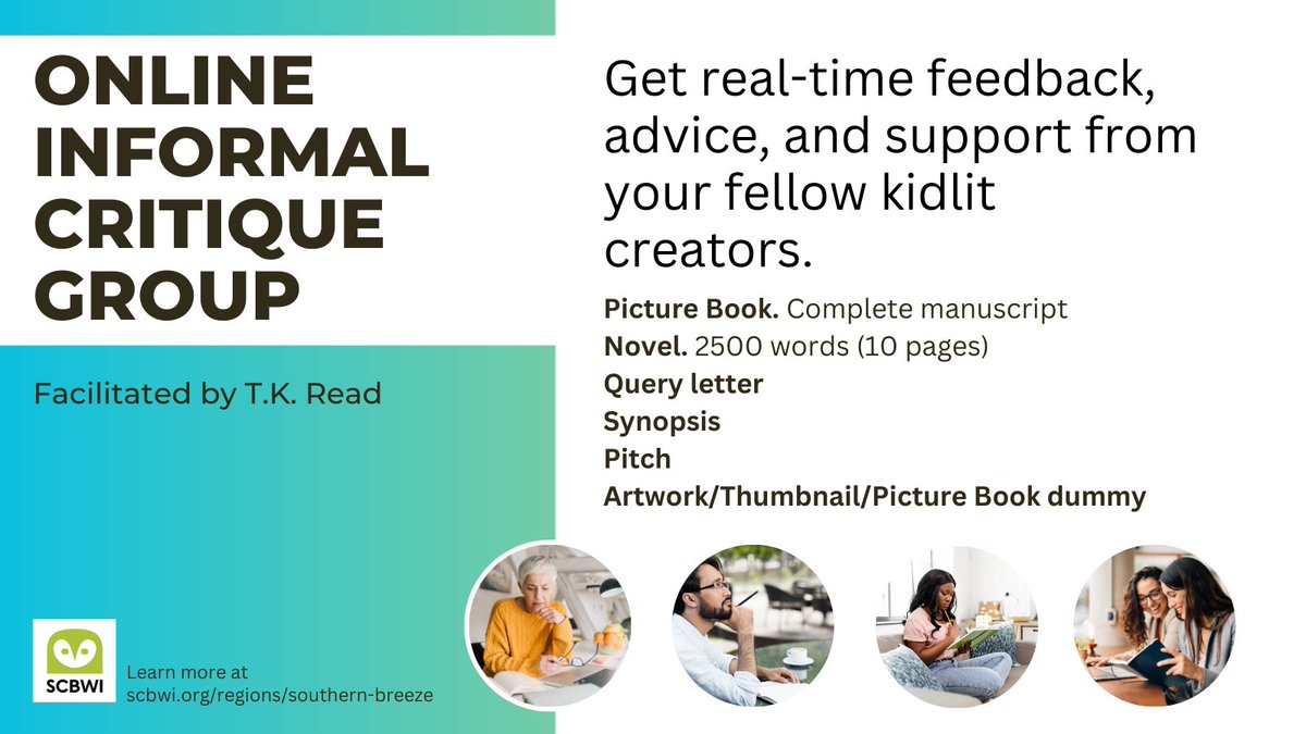 Hey, Breezers, don't miss the chance to connect with your fellow #kidlit creators and get real-time feedback, advice, and support! Join facilitator @tkread at 7:00 PM EST on Mon., 4/22. Link available in the April Tradewinds. #amwriting #amillustrating #SCBWI