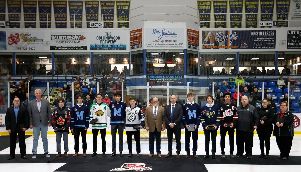 COLLINGWOOD, ON - APRIL 19: OJHL Award Recipients pose for a group photo prior to the start of the 2024 Buckland Cup Championship at the Eddie Bush Memorial Arena on April 19, 2024 in Ontario, Canada (Photo by Tim Bates / OJHL Images)