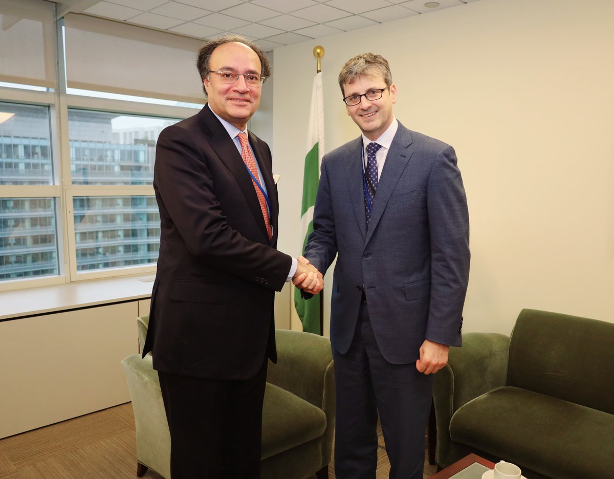 Finance Minister Muhammad Aurangzeb met with Brent Neiman, Deputy Under Secretary for International Finance, U.S. Treasury, during IMF/World Bank Spring meetings. Shared positive economic indicators post IMF's SBA and prioritized reforms in taxation, energy, and SOEs. (1/3)