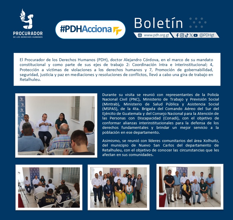#BoletínPDH
El <a href="/PDHgt/">PDH Guatemala</a>, Dr. Alejandro Córdova, en el marco de su mandato constitucional y como parte de sus ejes de trabajo #Eje2PDH, #Eje4PDH, #Eje7PDH, llevó a cabo una gira de trabajo en #Retalhuleu.

#PDHAcciona