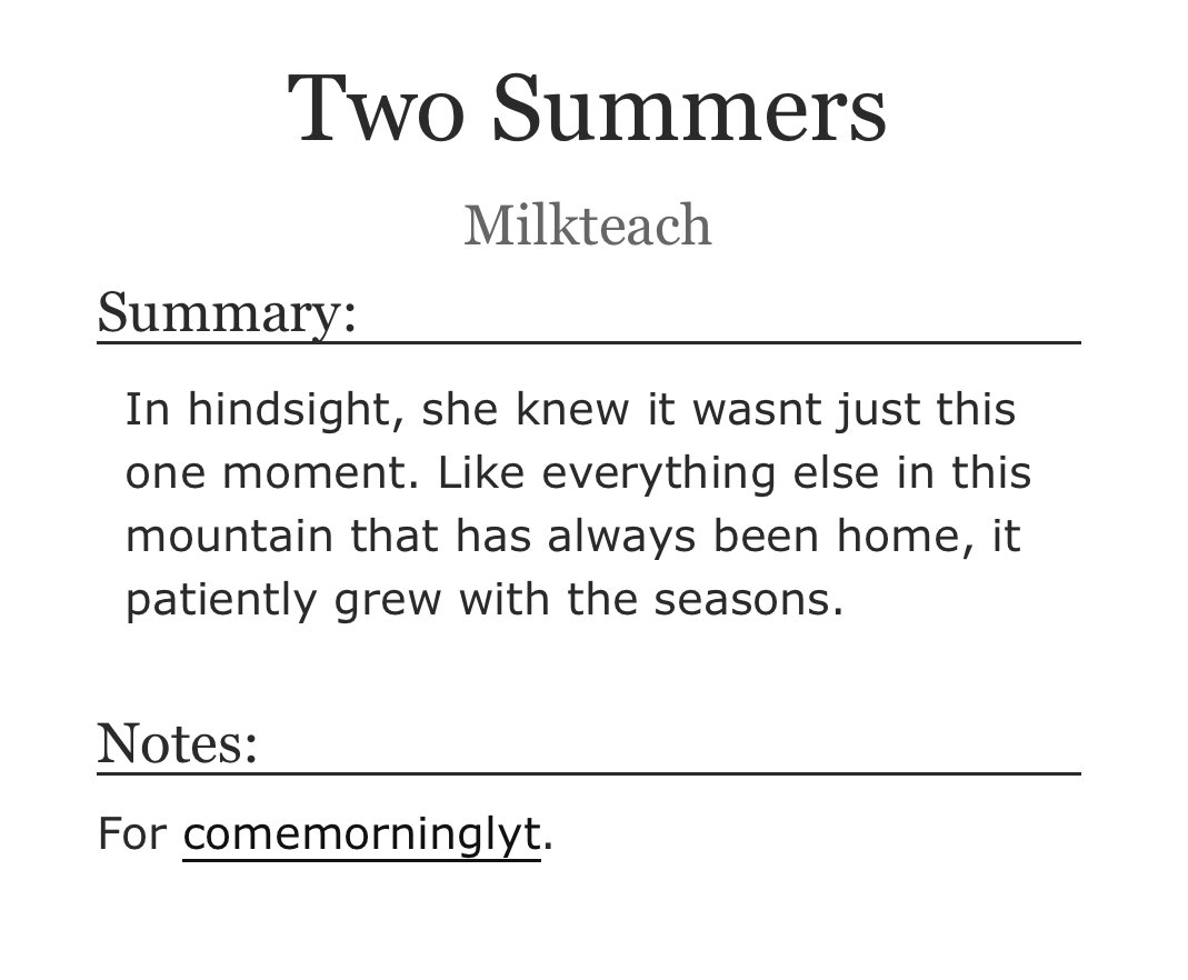 hello someone gifted me a jirisan fic?? 😭 

Two Summers by Milkteach  archiveofourown.org/works/55269646