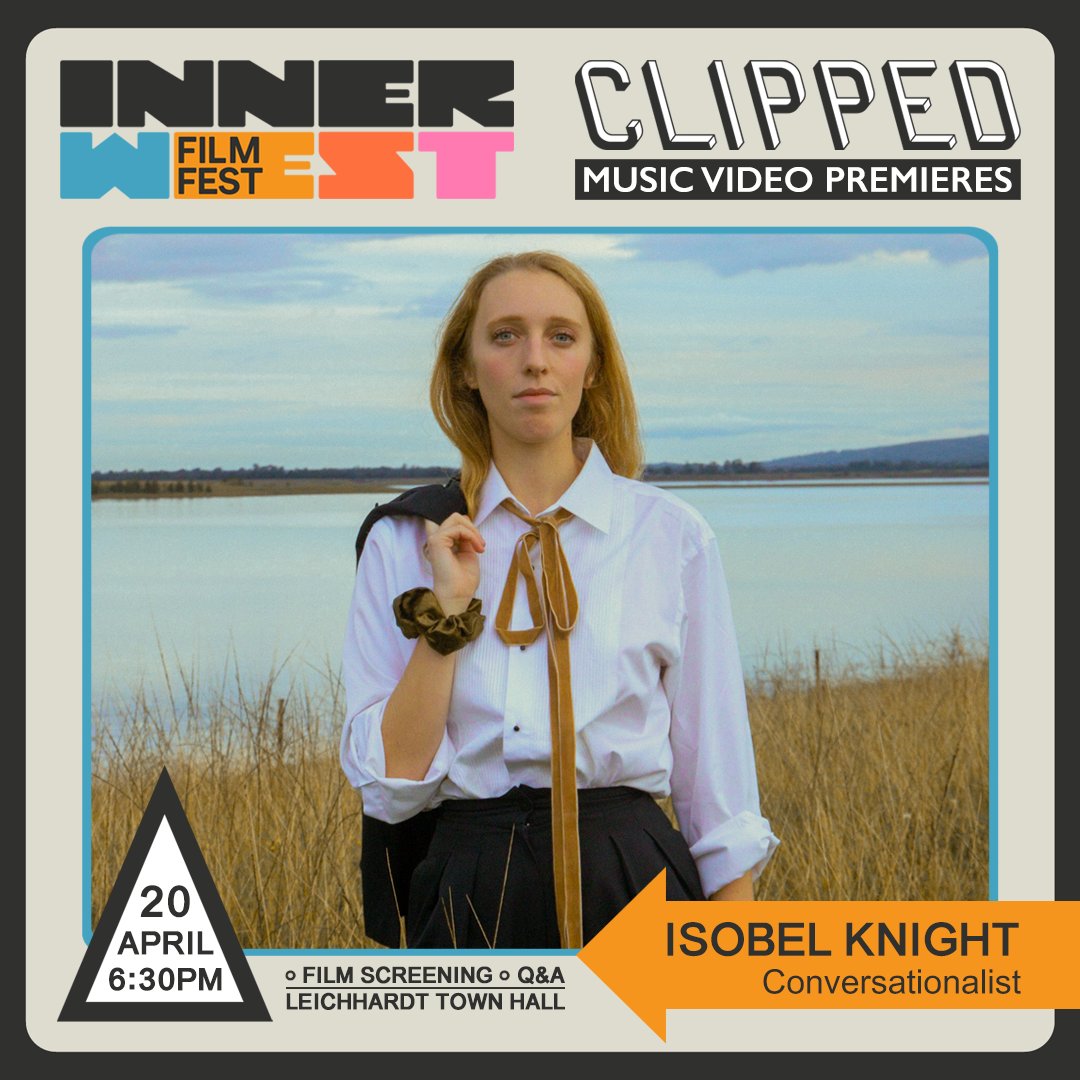 Music Video 'Conversationalist' by <a href="/IsobelKnight20/">Isobel Knight</a>
is selected to screen <a href="/CLIPPEDTV/">CLIPPED TV</a> Music Video Premieres x Inner West Film Fest 20 April at Leichhardt Town Hall. 🎟️ bit.ly/3xEOByZ 📷
<a href="/IWCouncil/">Inner West Council</a> <a href="/fbiradio/">FBi Radio</a> <a href="/thegrifterbrew/">The Grifter Brew Co.</a> <a href="/2ser/">2SER 107.3</a> <a href="/thefront/">The FRONT</a> <a href="/filmink/">Amélie-Astrid Ferrand♀🐤👨</a> <a href="/ScreenNSW/">Screen NSW</a> <a href="/fbiradio/">FBi Radio</a>