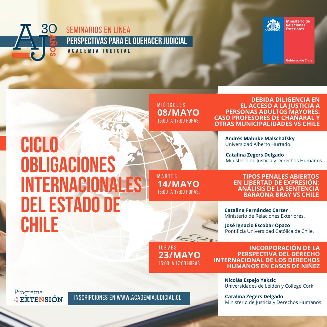 📢AGENDA MAYO¡ participa con nosotros en Ciclo de Seminarios en línea AJ @PJudicialChile @ChileColegio 🔍 Tema: Ciclo obligaciones internacionales del Estado de Chile ¡Inscríbete y participa! 📝 #AccesoJusticia #DerechosHumanos #LibertadDeExpresion Link en comentarios ✨👇