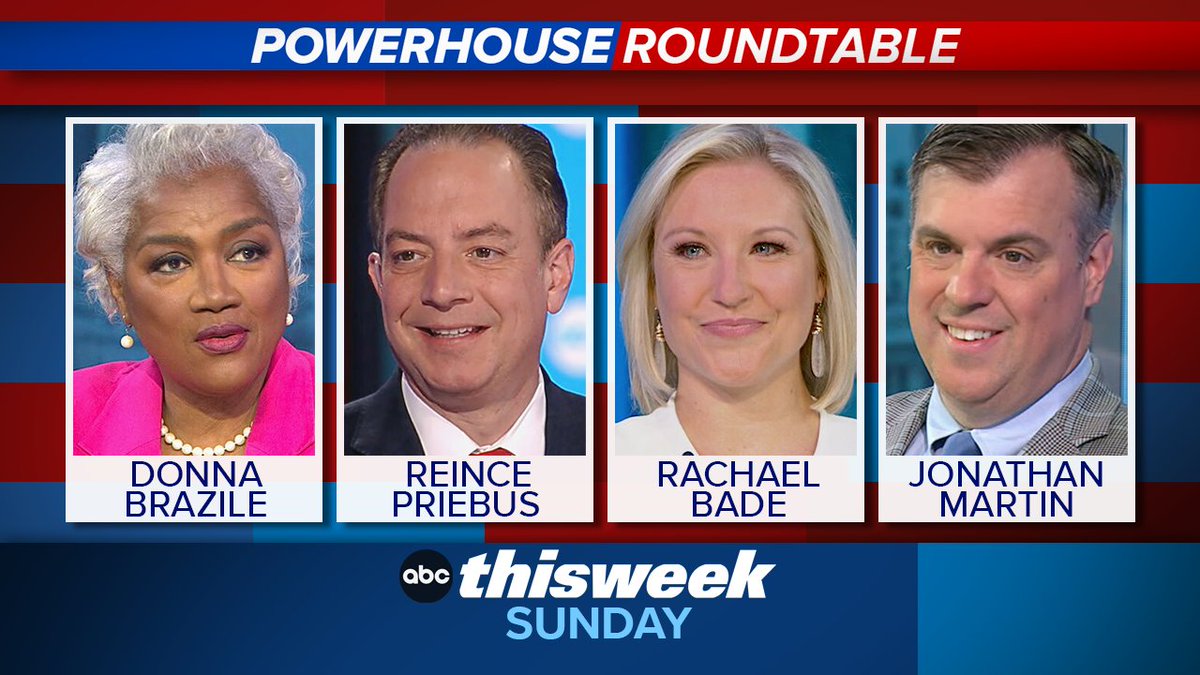 SUNDAY ROUNDTABLE: @donnabrazile, @Reince, @rachaelmbade & @jmart join @jonkarl to discuss all the week’s politics. Only on @ThisWeekABC trib.al/88O3CPz