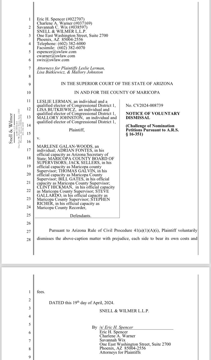 Just in: Challenge to Galán-Woods petitions voluntarily dismissed, marking fourth challenge from Snell & Wilmer to be voluntarily dismissed after opposing counsel identified substantial errors in complaints.