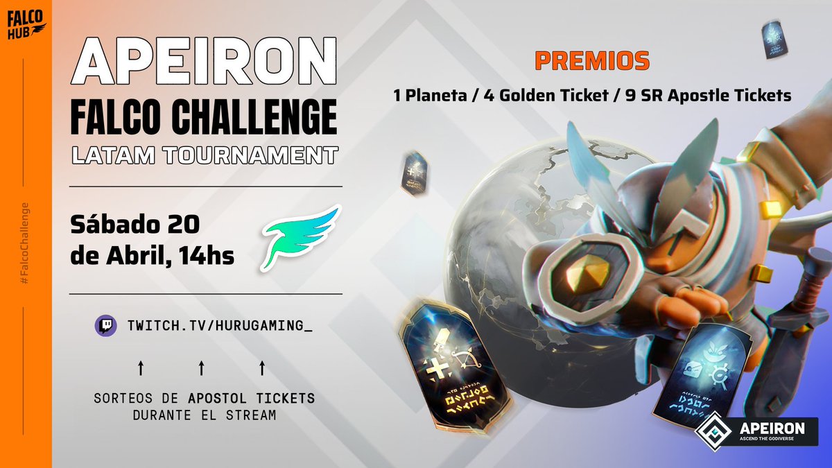 ¡MAÑANA HAY APEIRON DE ALTO VUELO! Las finales del Apeiron Falco Challenge Latam Tournament estan llegando! 8 jugadores de habla hispana se enfrentaran a 8 de Brasil para encontrar los mejores del torneo. Castean @SonLenonidas y @Kamisama4e. ¿Que horario? 14 🇦🇷 19 🇪🇸 13 🇻🇪