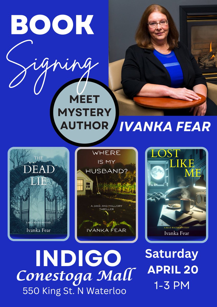 Book signing tomorrow at Indigo Conestoga Mall 1-3 pm. Get your signed copy of my mystery/thriller books. #mysteryfans #thrillerbooks #readersoftwitter #booktok #booksigning #authorevent #canadianauthor #crimewriterscan #itwdebuts #conestogamall