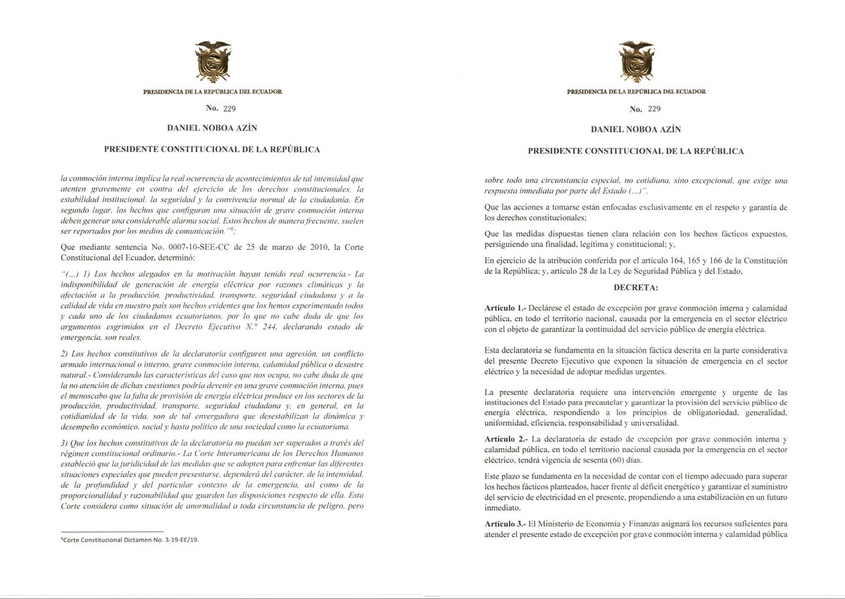 MUNOZROMANNYCIA's tweet photo. Mediante Decreto Ejecutivo 229, de 19 de abril de 2024, el Ejecutivo declara el estado de excepción por grave conmoción interna y calamidad pública, en todo el territorio nacional, causada por la emergencia en el sector eléctrico, por sesenta día. https://t.co/Ny1LegOjCF