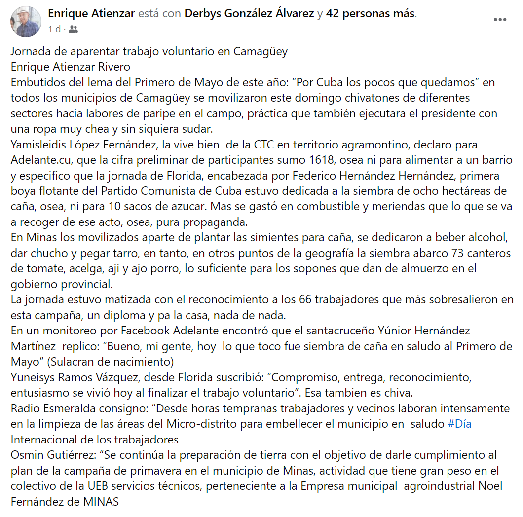 Leímos con agrado esta información sobre un reciente 'trabajo voluntario' en #Camagüey. Nos sorprende el autor del texto, un periodista comecandela y revolucionario, que parece desmarcarse del aparato propagandístico de aquel régimen de oprobio. ¡Lectura recomendada!