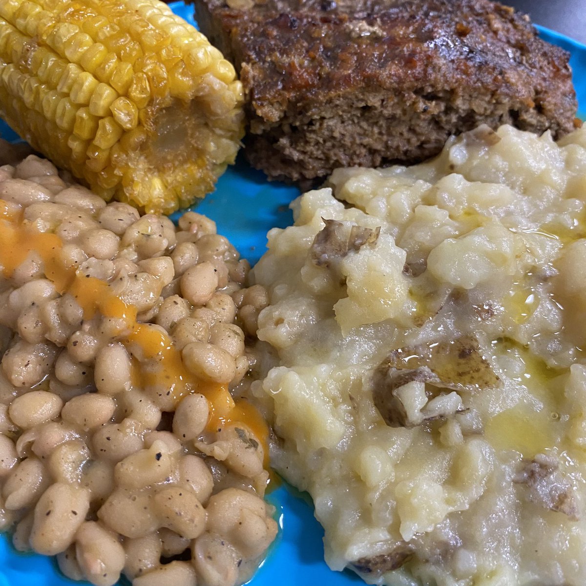 Meat Loaf with Mashed Potatoes, Cajun White Beans, and Corn on the Cob at Fins Cafe (Harmony, NC) . . #letseat #comfortfood #supportlocal