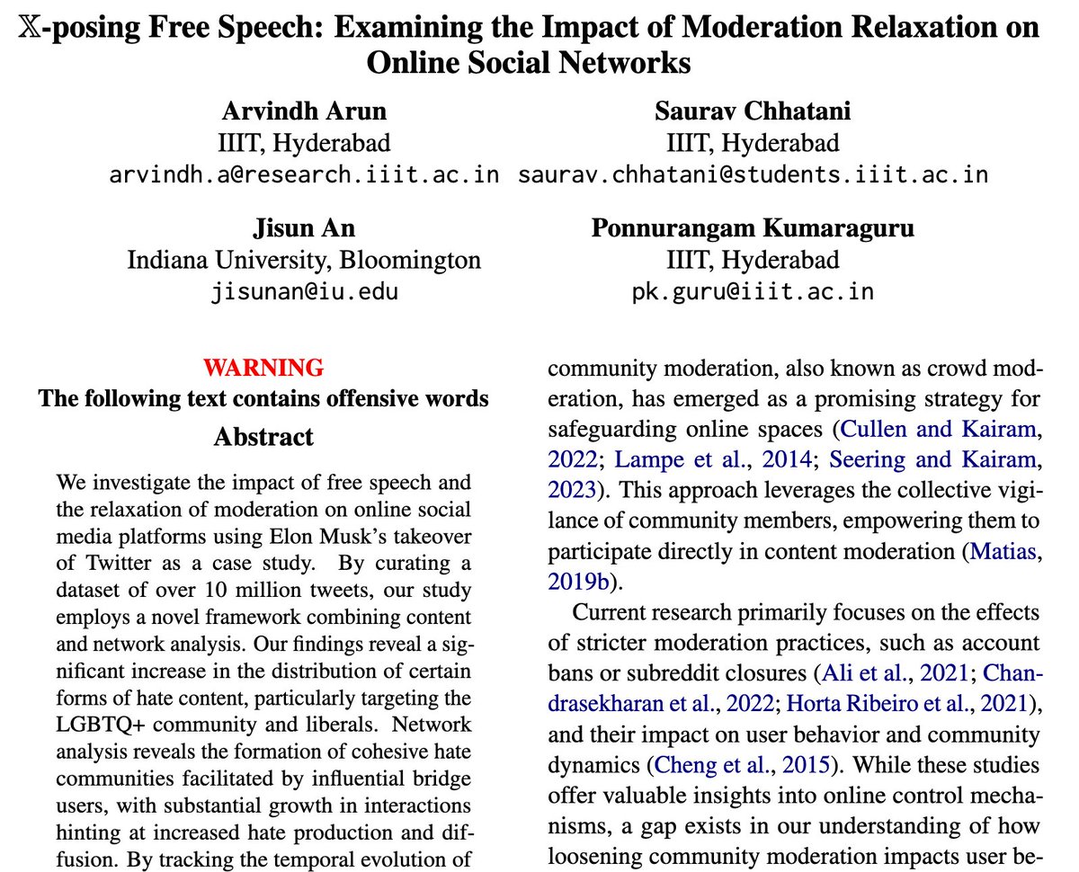 📢Our work X-posing Free Speech: Examining the Impact of Moderation Relaxation on Online Social Networks studying @elonmusk's takeover of #Twitter #X accepted @WOAHWorkshop @naaclmeeting #NAACL2024 w/ @arvindh__a @saurav_chhatani @JisunAn
📜arxiv.org/pdf/2404.11465… 
Findings 🧵👇