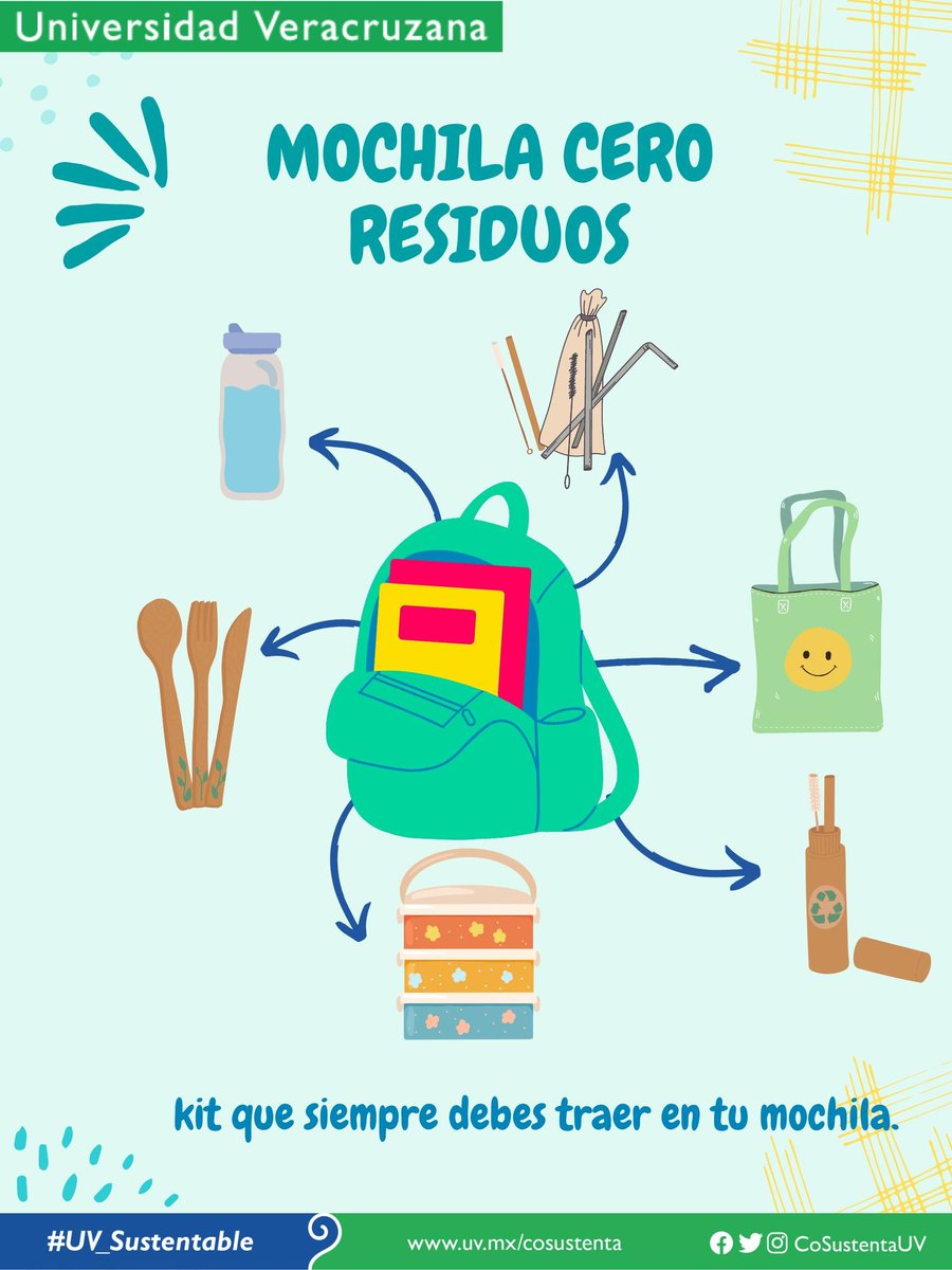 Nuestros amigos de @CoSustenta  nos comparten los elementos básicos que debes de considerar en tu mochila cero residuos, una opción para contribuir con el cuidado del medio ambiente. 🧰♻️

Y tú, ¿ya los llevas contigo?

#UV_Sustentable