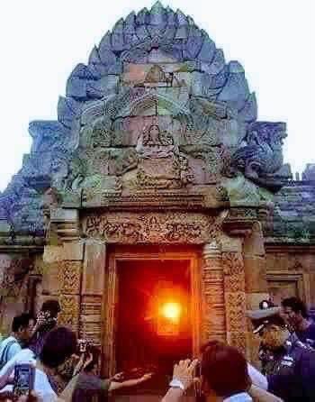 A glimpse of the Sun passing through the exact center of the Bhagwan Vishnu Mandir, Angkor Wat Cambodia.