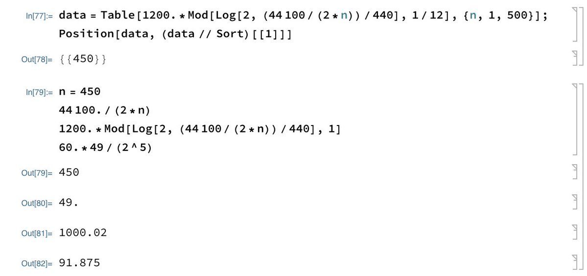 kulmcorient's tweet image. #MusicaMathematica #実技
【MacStudio Diaries：サンプル数と最適ピッチ】2024.04.20

Q：サンプリングレイト44.1kHzにおいて、12音平均律（A=440Hz）にぴったりなサンプル数は？
A：周期 900サンプル（= 20.4082 mSec）
・振動数49Hz、音名G、誤差0.02セント
・対応するBPMは183.75、もしくは91.875