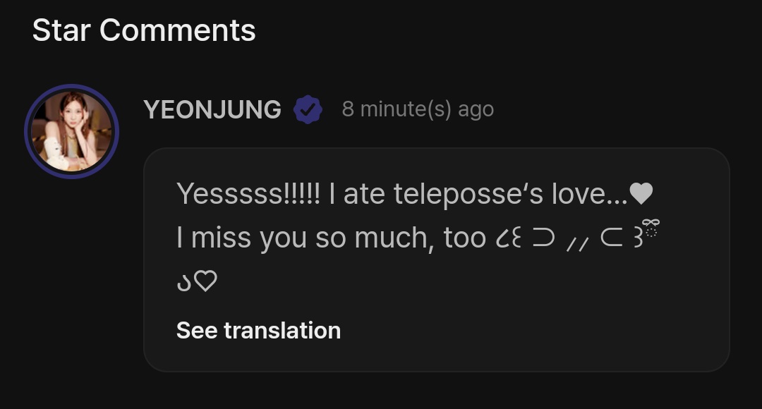 Yeonjung answered a TELEPOSSE on BStage: 

'Yesssss!!!!! I ate teleposse‘s love…♥
I miss you so much, too ૮꒰ ⊃ ⸝⸝ ⊂ ꒱ྀིა'