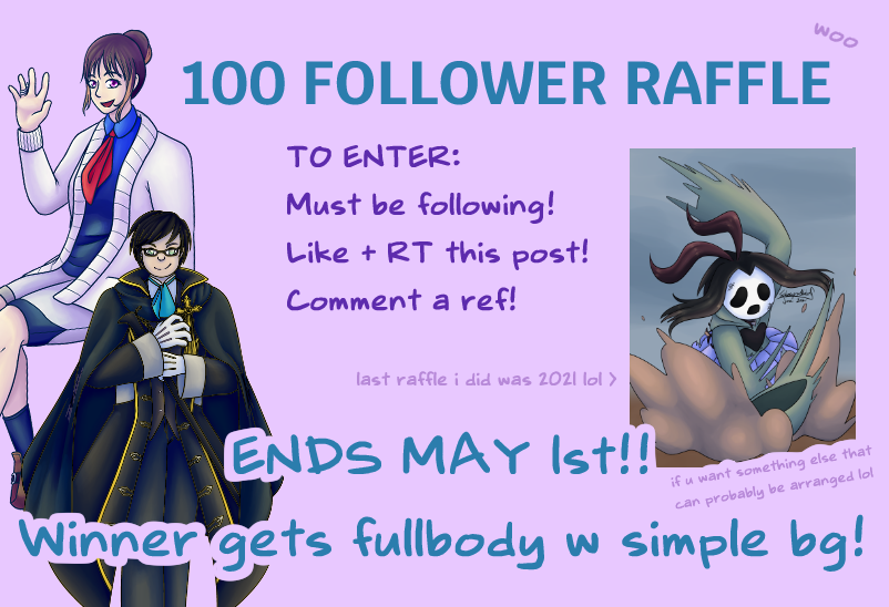 Woo! 100 followers for me means a celebration for you! Enter by liking+RTing this post and put a ref down below! One winner will be picked on May 1st! Good luck to those who enter!